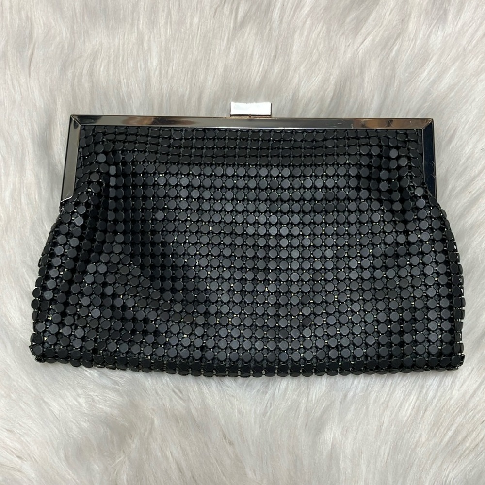 La Regale black clutch - gunmetal hardware, chain, and sparkle rhinestone clasp